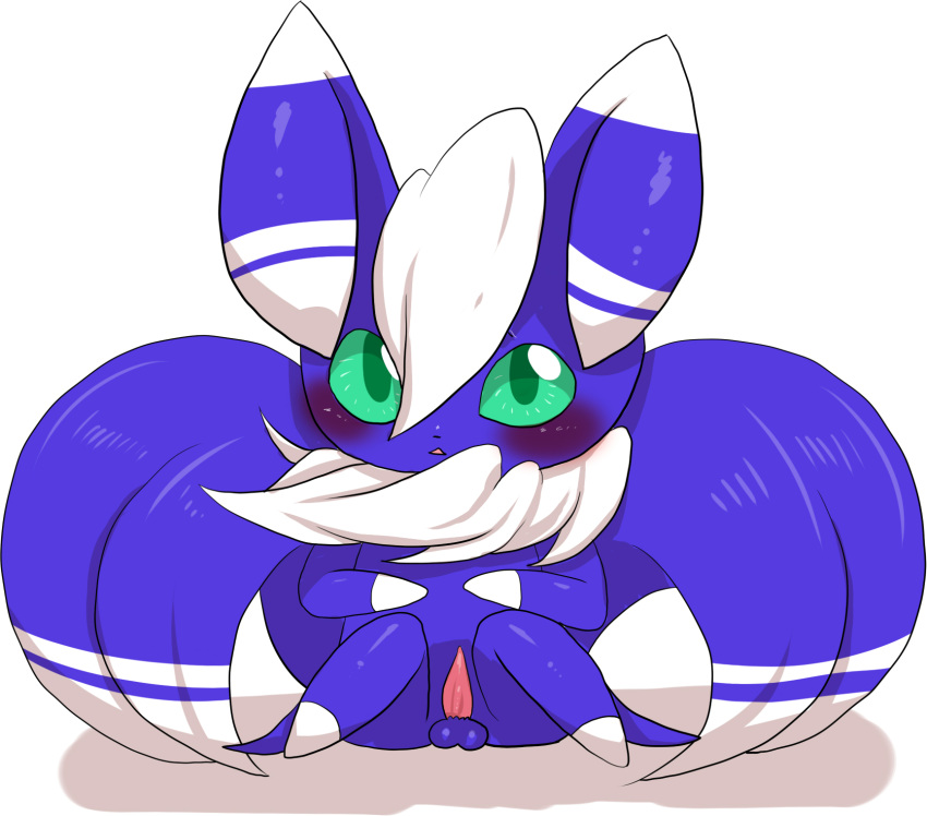 1boy balls blue_fur blush feline fur green_eyes kiriya looking_at_viewer male male_only mammal meowstic nintendo penis pokemon simple_background sitting solo video_games white_fur