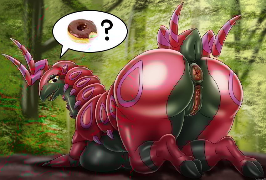 absurd_res all_fours anthro anus ass big_breasts big_butt black_body breasts dessert doughnut female food forest forest_background generation_5_pokemon genitals heartlessangel3d hi_res hooves huge_butt inviting nature nature_background nintendo nude open_mouth pastry pink_body plant pokemon pokemon_(species) presenting presenting_anus presenting_hindquarters presenting_pussy puffy_anus purple_body pussy question_mark scolipede solo speech_bubble tree