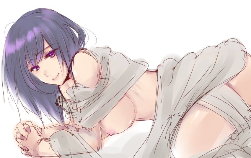 1girls 2017 breasts clothing female medium_breasts original partially_clothed purple_eyes purple_hair shirokuro_(erisnoa) solo white_background