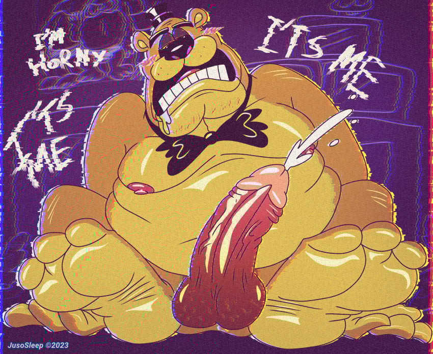 1boy anthro balls bear belly big_belly bowtie cum cumshot dialogue ejaculation erection fat fat_belly feet five_nights_at_freddy's furry furry_male furry_only genitals golden_freddy golden_freddy_(fnaf) hat jusosleep large_belly looking_at_viewer male male_nipples male_only mammal moobs nipples obese obese_male open_mouth overweight overweight_male penis sitting solo solo_male testicles text