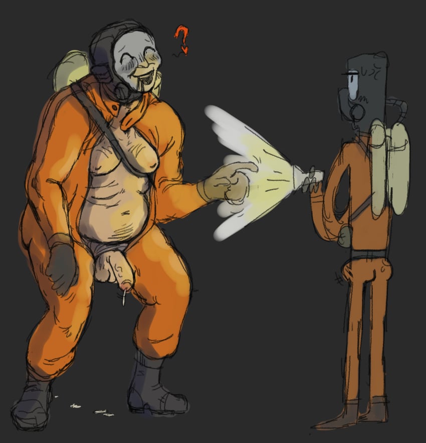 annoyed bear_vs_twink cum_trail dripping_cum embarrassed embarrassed_nude_exposure employee employee_(lethal_company) fat_male gay getting_horny half_mast incoming_sex jumpsuit lethal_company male male_boobs male_breasts masked_(lethal_company) moobs opened_jumpsuit panties_pulled_aside requesting_sex self_exposure twink_and_bear unwanted_erection unwanted_exposure