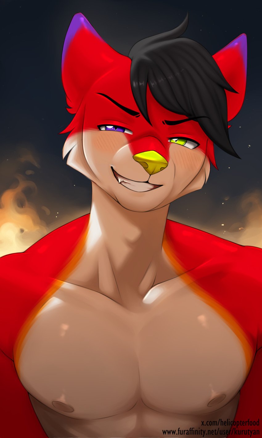 black_hair blush buff buff_male cat_ears different_eye_color eyebrows eyebrows_visible_through_hair feline fluffy_cheeks furry furry_male green_eyes helicopterfood kuru_tyan looking_at_viewer majira_strawberry muscular muscular_male nipples oerba_yun_fang orange_fur pecs purple_body purple_fur red_fur shirtless shirtless_male smiling solo solo_male tan_fur topless topless_male trapezius