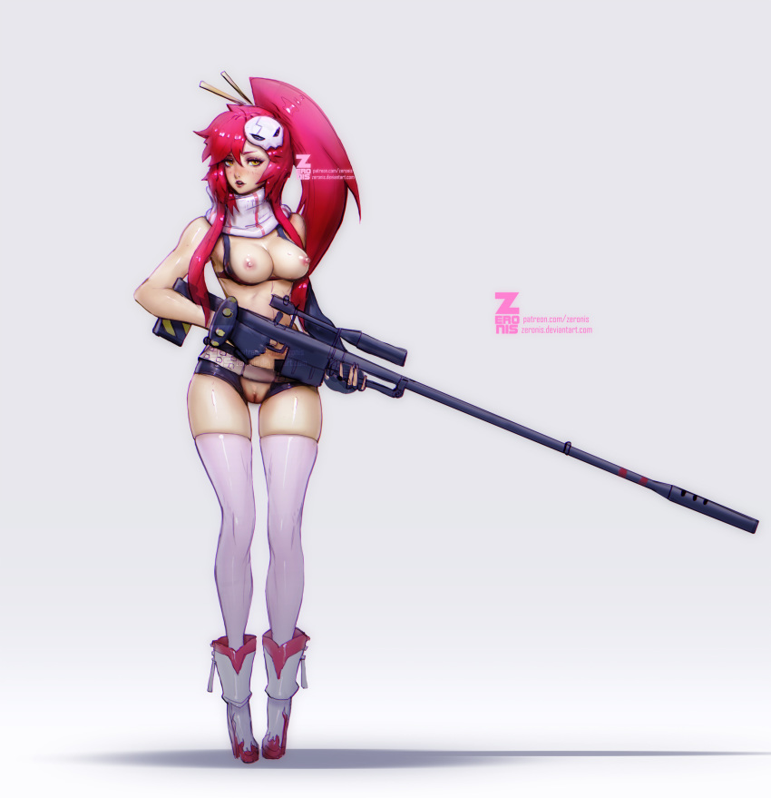 boots bra breasts female female_only nipples paul_kwon ponytail pussy red_hair shorts sniper_rifle solo tengen_toppa_gurren_lagann thighhighs tied_hair weapon yoko_littner zeronis