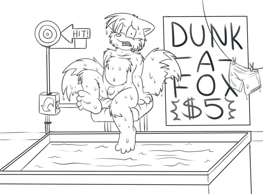 anthro balls canine clothespeg dollar_sign fox front_view fur machine male male_only mammal monochrome penis roarey_raccoon sitting solo sonic_(series) tagme tails target water wet