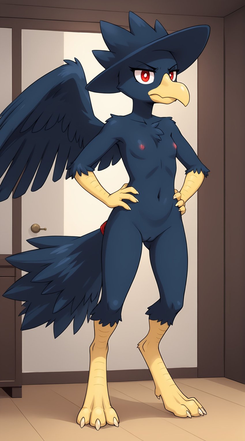 1girls 2025 ai_generated annoyed anthro avian beak black_body black_feathers breasts digitigrade female female_only flat_chest generation_2_pokemon hands_on_hips hi_res indoors innie_pussy murkrow nintendo nipples non-mammal_breasts non-mammal_nipples nude nude_female pink_body pokemon pokemon_(species) pussy small_breasts