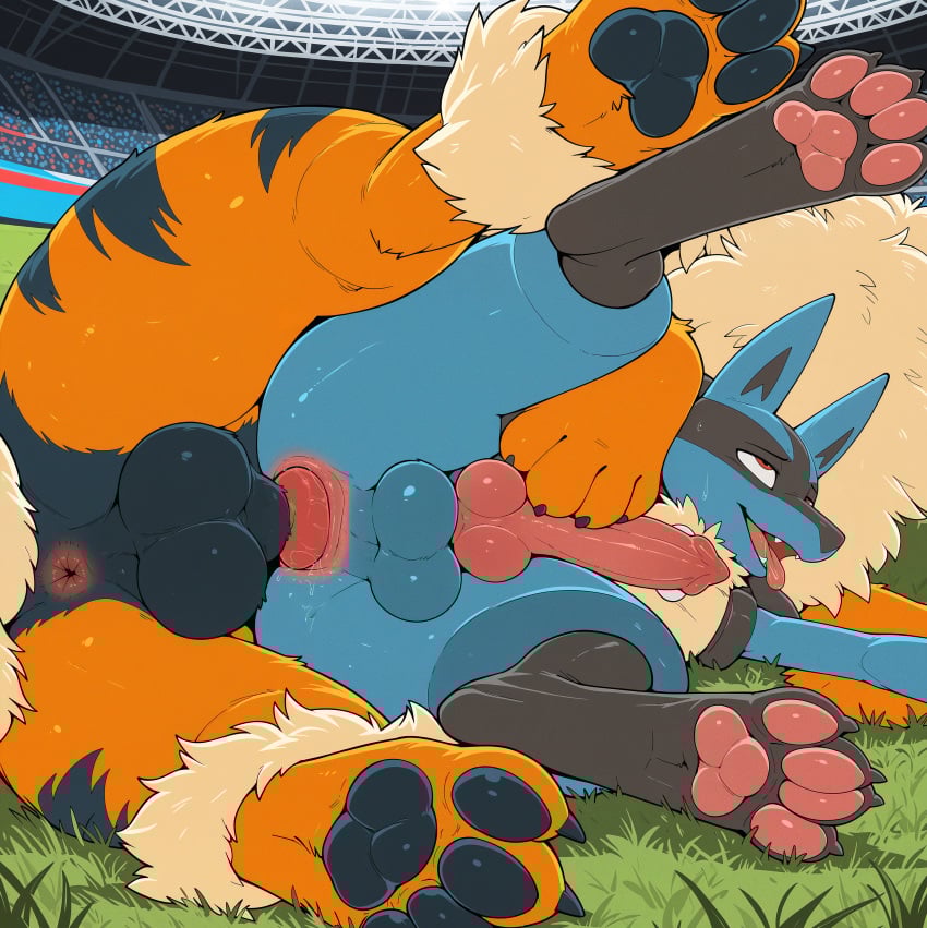 4_toes absurd_res ahe_gao ai_assisted ai_generated anal anal_knotting anal_sex animal_genitalia animal_penis anthro anus arcanine ball_size_difference balls canid canine canine_genitalia canine_penis close-up duo faceless_character faceless_male feet feral generation_1_pokemon generation_4_pokemon genitals grass hi_res knot knotting looking_pleasured lucario lying male male/male nintendo on_side paws penetration penis plant pokemon pokemon_(species) stadium stretched_anus sysns toes