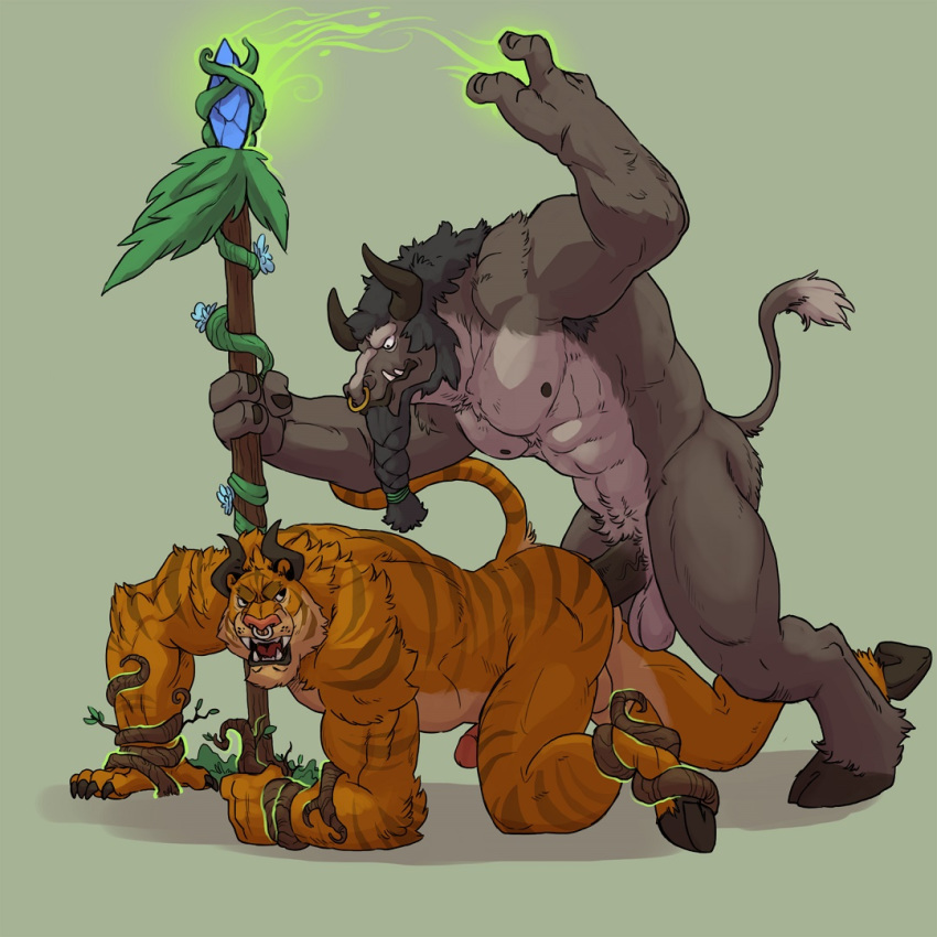 2boys anal badcoyote bound bovine feline fur gay horns magic male male_only mammal minotaur muscular restrained rod sex staff taur tauren tiger wand yaoi