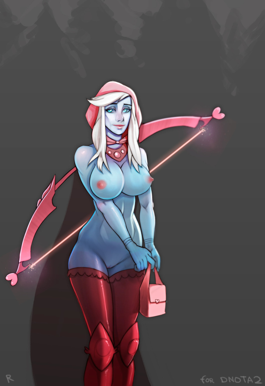 bag big_breasts blue_skin bow breasts dota_2 drow_ranger female female_only forest hood kneesocks necklace nude rufflovin solo standing