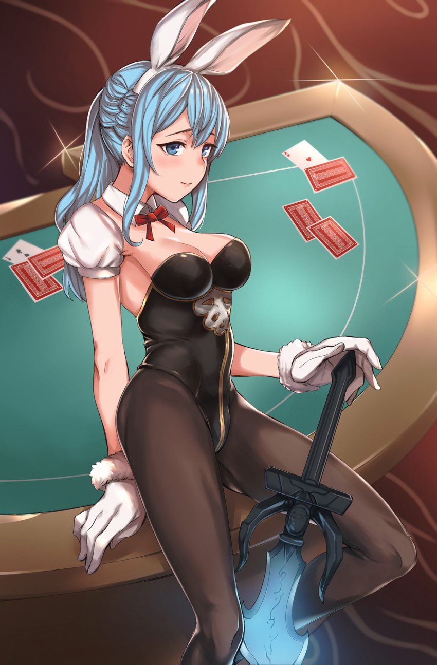 blue_eyes blue_hair blush bunny_ears bunnygirl cleavage female gloves inuhasiru leotard pantyhose ponytail solo standing tied_hair weapon