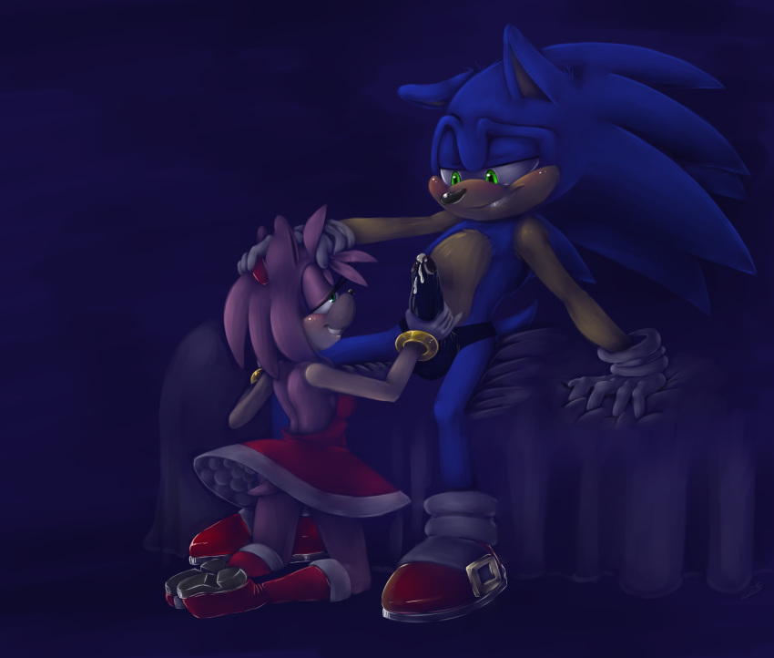 amy_rose anthro balls bluechika cum cum_in_underwear female fur handjob hedgehog male penis sonic_(series) sonic_the_hedgehog straight thong underwear