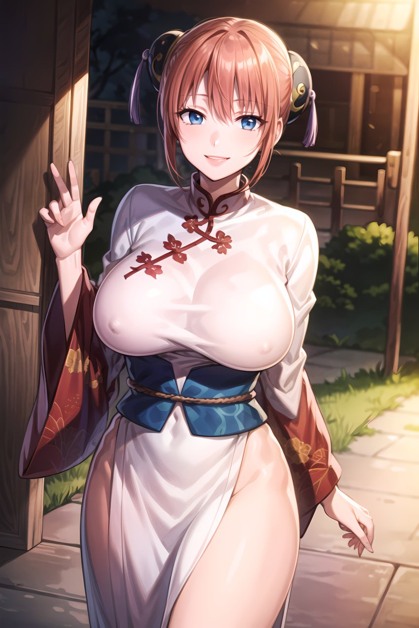 aged_up ai_generated big_breasts blue_eyes bun_cover busty china_dress chinese_clothes double_bun female female_only fully_clothed gintama hair_ornament kagura_(gintama) looking_at_viewer nipple_bulge no_bra norsealee orange_hair pelvic_curtain side_slit smile solo v voluptuous wide_hips wide_sleeves