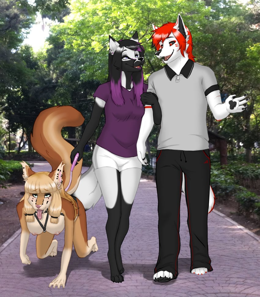 2015 all_fours anthro breasts canine clothing female gallar_(nnecgrau) male mammal master nipples nnecgrau nnecgrau_(nnecgrau) pants park pet petplay raven_(nnecgrau) red_eyes shirt