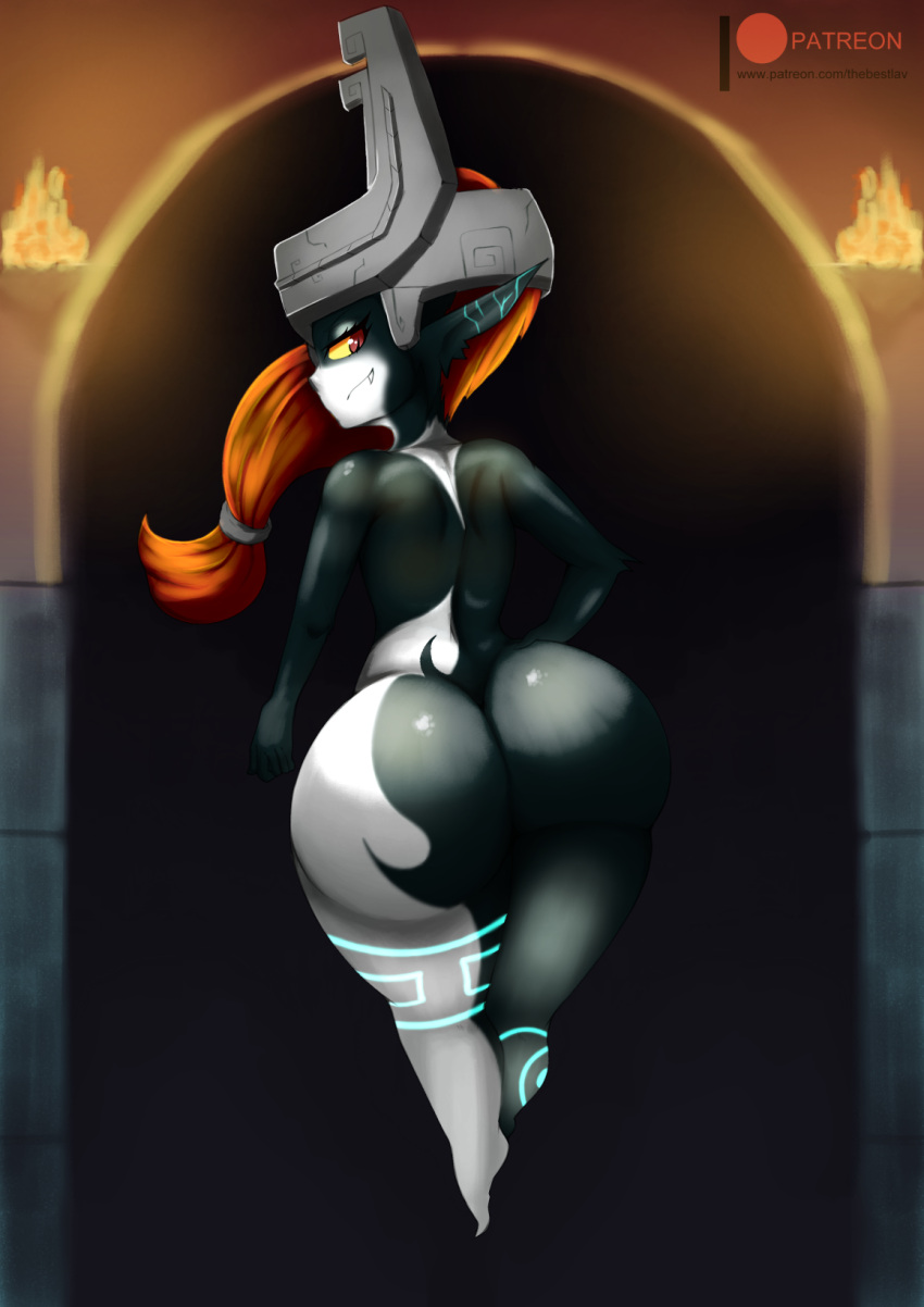 2018 armor ass big_ass fangs female fire floating hair headgear helmet hi_res humanoid imp_midna l-a-v looking_back midna nintendo nude shortstack smile solo teeth the_legend_of_zelda thick_thighs twili twilight_princess wide_hips