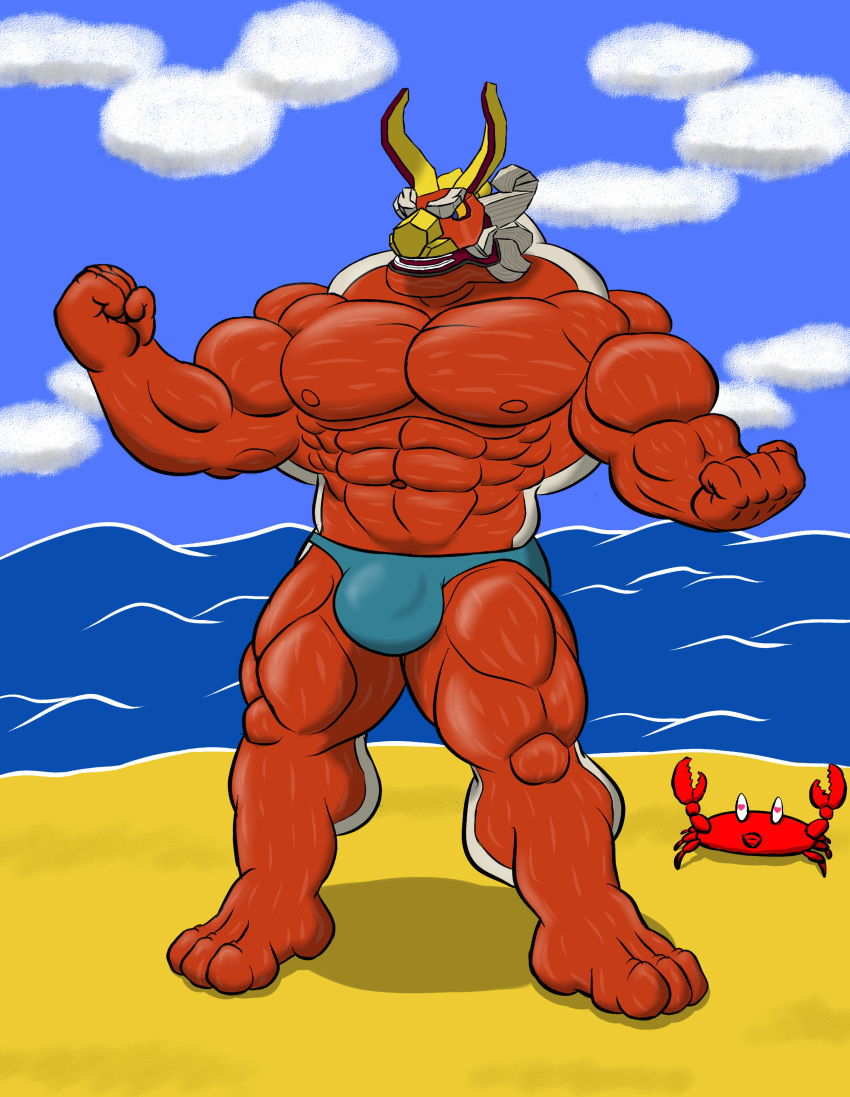 1boy animal anthro arthropod beach biceps big_muscles boat clothed clothing crab crustacean half-dressed hi_res king_of_red_lions krosbar_(artist) living_machine male male_only marine muscular muscular_male nintendo outside pecs pose seaside solo standing the_legend_of_zelda the_wind_waker thong topless vehicle video_games wind_waker