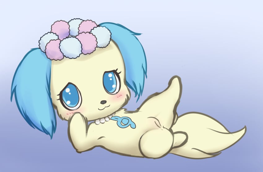 1girls :3 blue_eyes blue_hair blush canine chibi delicious_(artist) female female_only feral flower fur hair jewelpet jewelpet_(species) looking_at_viewer lying mammal necklace on_back on_side one_leg_up plant presenting presenting_pussy pussy sapphie_(jewelpet) shy simple_background smile solo spread_legs spreading yellow_fur