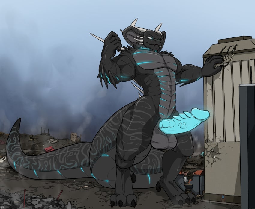 4_toes 5_fingers abs anthro arrwulf balls biceps big_tail blue_eyes blue_glow building building_destruction city city_background city_destruction city_ruins cityscape claw_marks claws cobra destruction erection feet fingers genitals glowing glowing_markings grey_body grey_scales huge_tail kai'nek_(pyronite) kaiju landscape_dwarfing macro macro_anthro macro_male male markings muscular muscular_anthro muscular_male nude outside pawpads paws pecs penis pyronite(commissioner) rampage reptile ruins scaled_penis scales scalie scratches sky smile snake solo stomping tail teeth toes vein veiny_penis