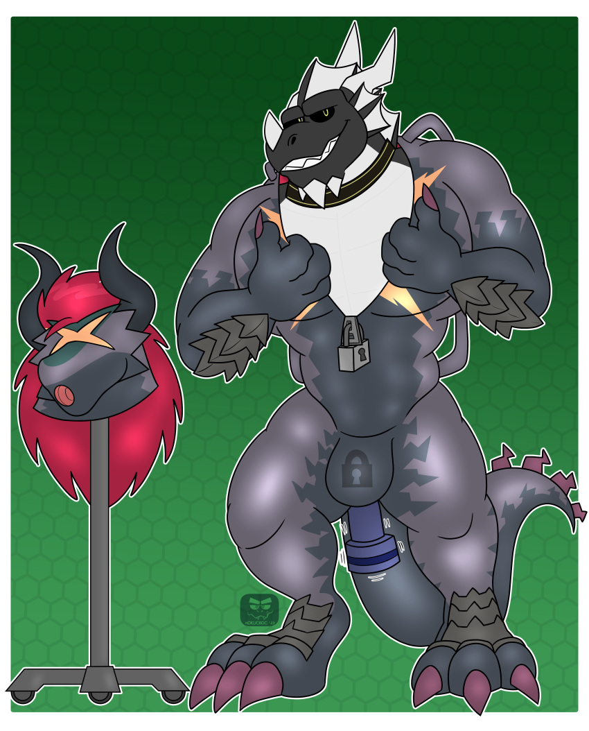 absurd_res anal anal_sex anthro bulge bushiroad claws clothing collar cosplay costume demon_lord_dragon_batzz dragon future_card_buddyfight hi_res lock lock_symbol male male/male mask mythological_creature mythological_scalie mythology nokucroc null_bulge object_in_ass penetration scalie sex_toy sex_toy_in_ass sex_toy_insertion sharp_teeth solo suit teeth vibrating vibrator vibrator_in_ass