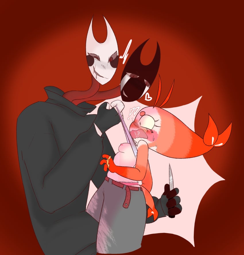 !! blush dandy's_block dandy's_world embarrassed exposed_breasts knife lifting_shirt lil_p_(dandy's_block) razzle_and_dazzle_(dandy's_world) shrimpo_(dandy's_world) silent_n_deadly_(dandy's_block) sweat