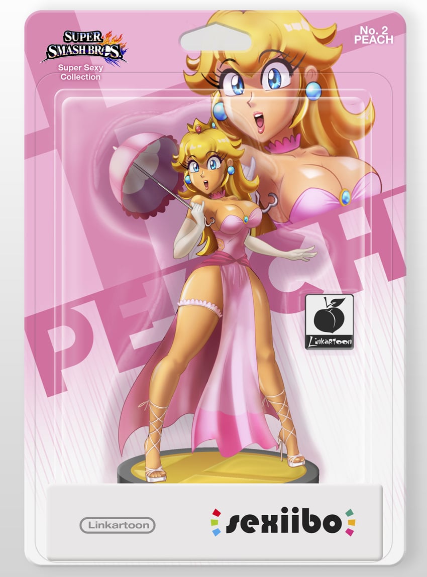 1girls amiibo blonde_hair blue_eyes breasts busty character_name cleavage clothing dress ear_piercing earrings elbow_gloves eyelashes female female_only full_body gloves high_heels hourglass_figure huge_breasts in_a_box legs linkartoon lips lipstick looking_at_viewer mario_(series) nintendo open_mouth pelvic_curtain piercing pink_dress pink_lips princess princess_peach revealing_clothes royalty skimpy skimpy_dress smile solo standing stiletto_heels super_smash_bros. thigh_strap thighs umbrella very_high_heels voluptuous watermark