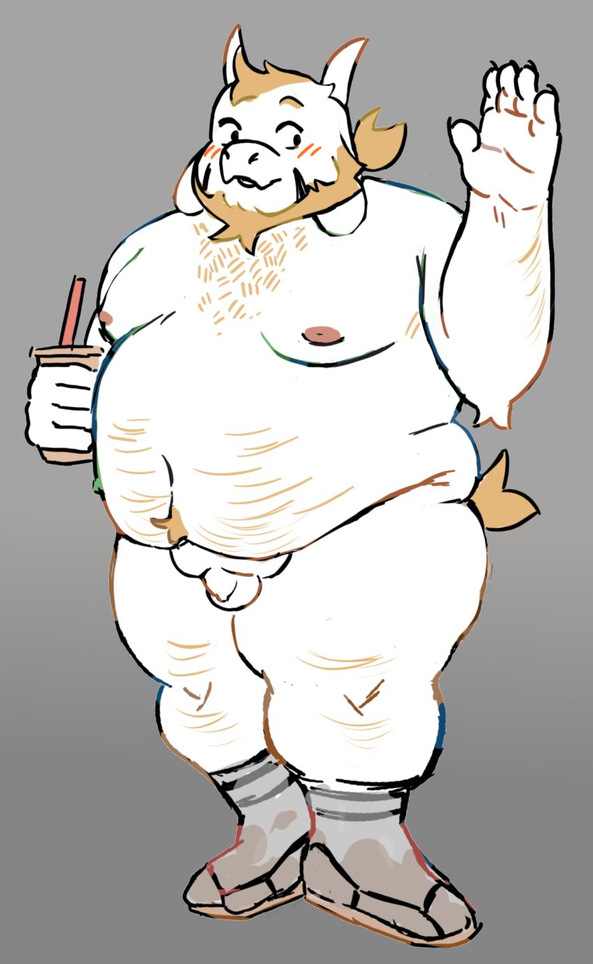 aged_up anthro asriel_dreemurr balls beard belly belly_peeking_out beverage big_belly blush blush_lines bodily_fluids body_hair boss_monster_(undertale) bottomwear bovid caprine casual_nudity chest_hair clothed clothing dirty dirty_clothing dirty_socks facial_hair facial_tuft footwear genitals gesture goat hair happy hi_res holding_beverage holding_object ill_fitting_clothing looking_at_another love_handles male male_only mammal moobs obese obese_anthro obese_male overweight overweight_anthro overweight_male penis ponytail raised_clothing sandals shirt shoes shorts sightsear small_balls small_penis socks socks_with_sandals solo sweat thick_thighs topwear tuft under_belly undertale undertale_(series) waving