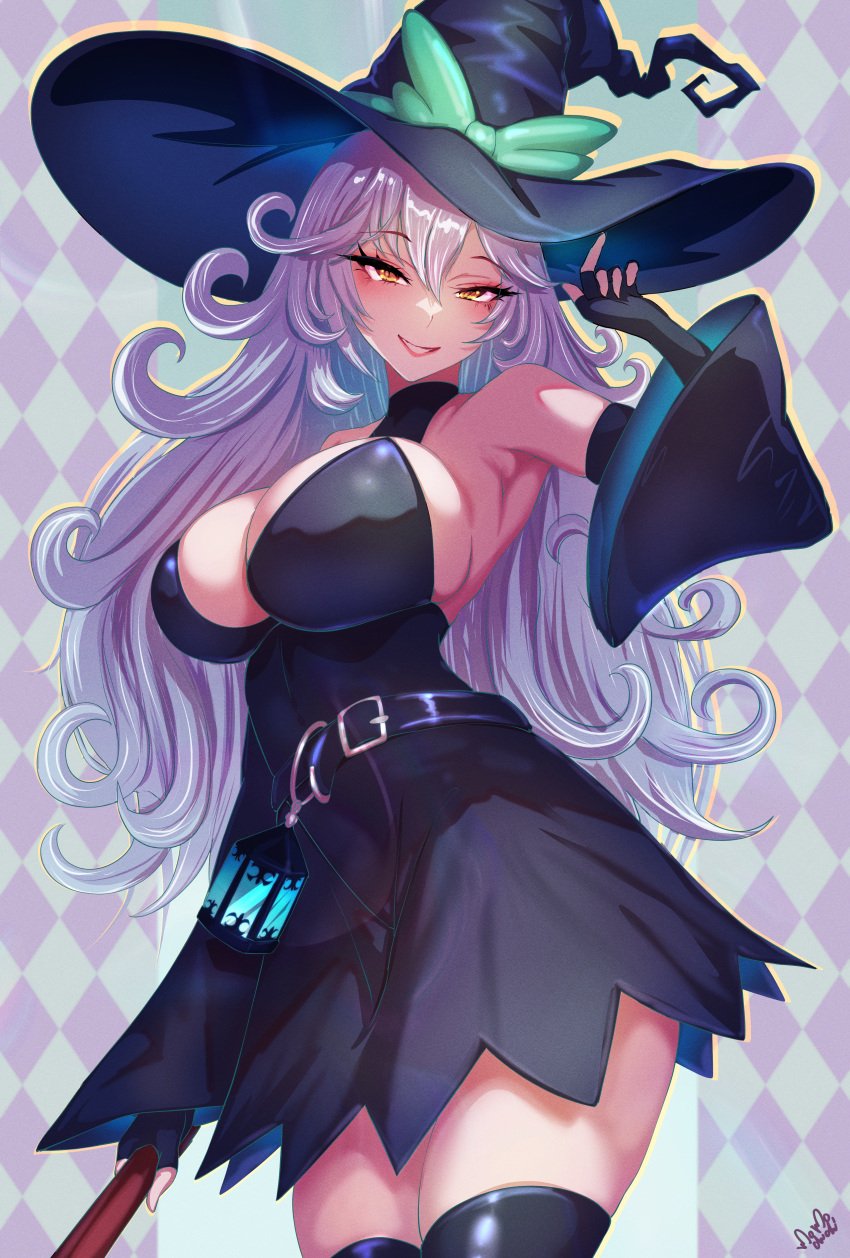 absurdres belt black_belt black_dress black_gloves black_hat black_sleeves black_thighhighs breasts broom closed_mouth curly_hair detached_sleeves dress elbow_gloves female fingerless_gloves gloves grey_hair hat highres holding holding_broom large_breasts long_hair looking_at_viewer momoyama_tits sleeveless sleeveless_dress smile solo thighhighs very_long_hair virtual_youtuber vshojo witch witch_hat yellow_eyes zentreya zentreya_(witch)