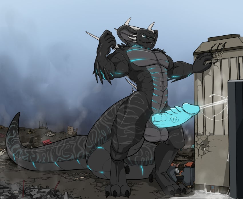 4_toes 5_fingers abs anthro arrwulf balls biceps big_tail blue_eyes blue_glow bodily_fluids building building_destruction city city_background city_destruction city_ruins cityscape claw_marks claws cobra cum cum_on_ground cumshot destruction ejaculation erection feet fingers genital_fluids genitals glowing glowing_genitalia glowing_markings glowing_penis grey_body grey_scales huge_tail humanoid_genitalia humanoid_penis kai'nek_(pyronite) kaiju landscape_dwarfing macro macro_anthro macro_male male markings muscular muscular_anthro muscular_male nude outside pawpads paws pecs penis pyronite(commissioner) rampage reptile ruins scaled_penis scales scalie scratches sky smile snake solo stomping tail teeth toes vein veiny_penis