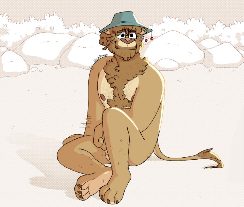 2025 anthro ass balls barefoot barely_visible_genitalia barely_visible_penis beach body_hair chest_hair claws clothing eyewear feet felid fur genitals glasses hat hat_only headgear headgear_only headwear headwear_only lion male male_anthro mammal mostly_nude nardodraws nipples nude_anthro nude_male pantherine penis plant rock ruff shrub signature sitting smile solo tail tail_tuft tan_body tan_fur tuft