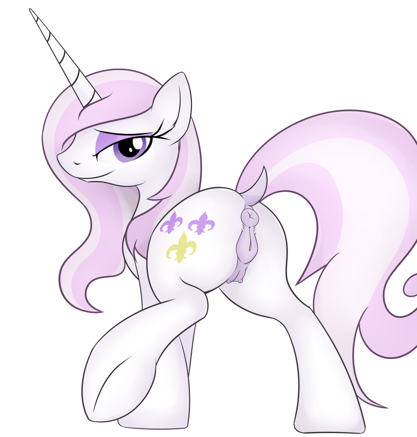 2015 anatomically_correct anatomically_correct_pussy animal_genitalia anus ardupi ass bedroom_eyes crotchboobs cutie_mark dock equine equine_pussy female feral fleur_de_lis_(mlp) friendship_is_magic hair half-closed_eyes horn looking_at_viewer looking_back mammal multicolored_hair my_little_pony one_leg_up pink_hair purple_eyes pussy raised_tail rear_view simple_background small_crotchboobs smile solo two_tone_hair underhoof unicorn white_background