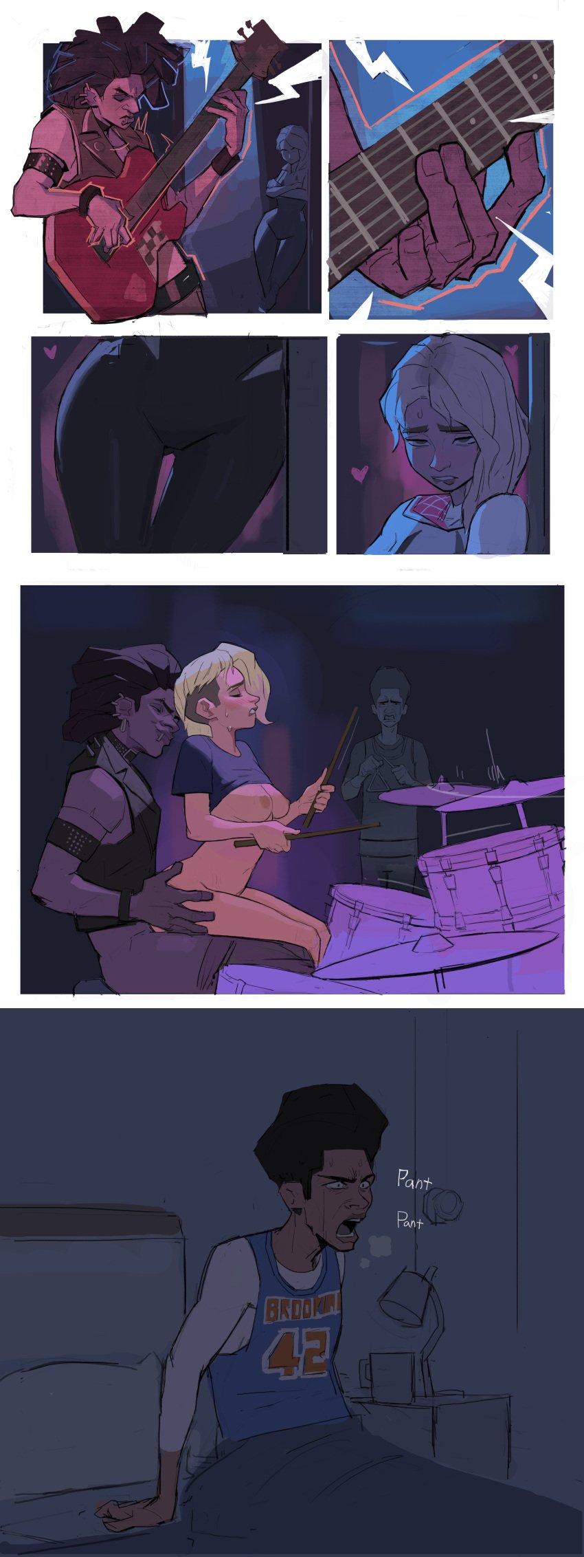 1girls 2boys amugea ass ass_visible_through_thighs biting_lip blonde_hair blue_eyes bottomless braless breasts breasts_out cheating cheating_girlfriend cuckold dark-skinned_male dream dreaming drum female guitar gwen_stacy heart horny just_a_dream light-skinned_female male marvel miles_morales netorare nightmare nipples ntr petite reverse_cowgirl_position shirt_lift slim slim_waist spider-man:_across_the_spider-verse spider-punk sweat sweatdrop thigh_gap thighs turned_on watching