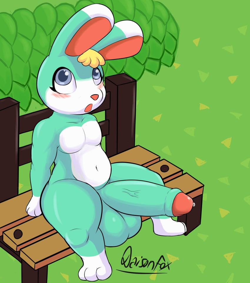absurd_res animal_crossing anthro balls bench big_balls big_penis blush daison_the_fox exhibitionism foreskin genitals glans grass hi_res huge_balls huge_cock lagomorph leporid male male_only mammal nintendo nude penis plant public rabbit sasha_(animal_crossing) solo uncircumcised