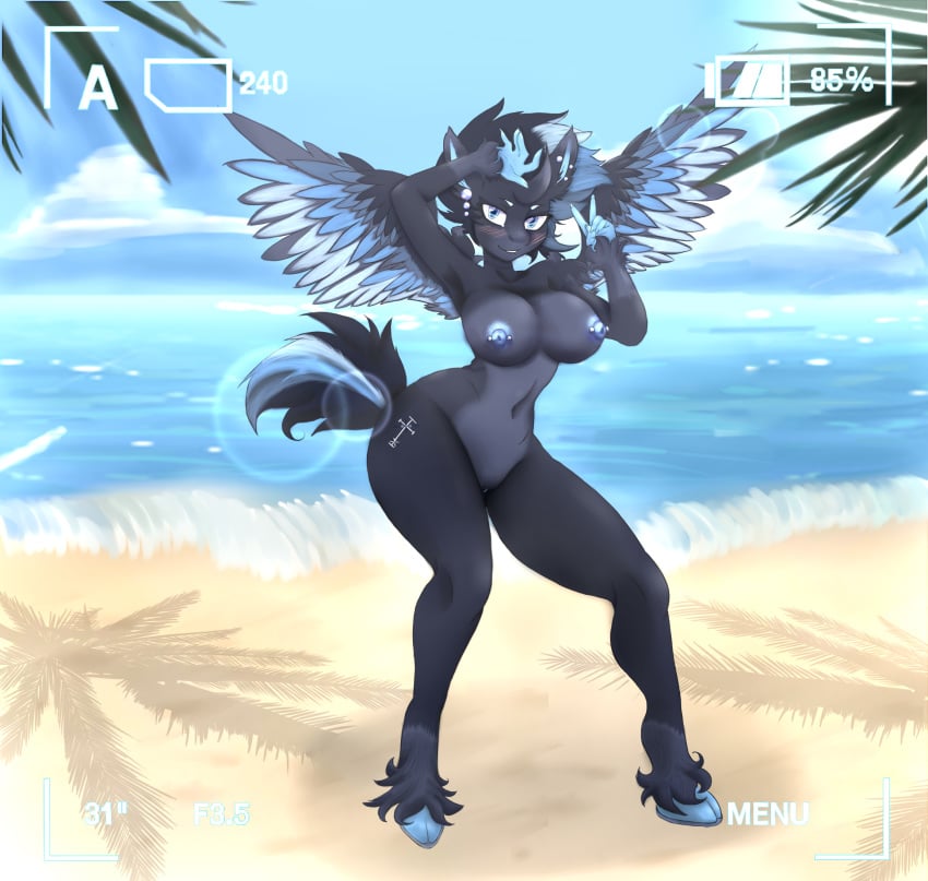 2015 alicorn anthro beach blush breasts camera cloud cutie_mark equine erect_nipples fan_character female fur furry hand_on_head horn horse lens_flare lips looking_at_viewer mammal mileeni my_little_pony navel nipple_piercing nipples outdoors photoshoot piercing pony pose pussy sand sea seaside shade sunlight v veck water wings