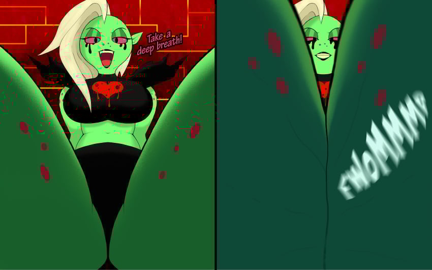 1girls big_breasts breasts crush diamondm dominant_female female giantess green-skinned_female green_skin looking_at_viewer lord_dominator micro_pov midriff mommy navel pov talking_to_viewer thick_thighs thigh_crush thighs wander_over_yonder