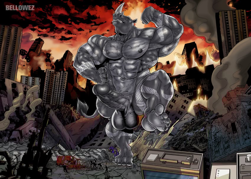 anthro balls bellowez building building_destruction burning burning_building city city_background city_destruction cityscape destruction erection extreme_size_difference feet fire genitals grey_body hi_res humanoid_genitalia humanoid_penis landscape_dwarfing looking_at_viewer macro macro_anthro macro_male male mammal muscular muscular_anthro muscular_male nipples nude outside penis plantigrade pyronite(commissioner) raised_foot rampage rhidos_(pyronite) rhinoceros size_difference sky smile soles solo stomping tail tattoo teeth toes vehicle vehicle_destruction vein veiny_muscles veiny_penis white_tattoo