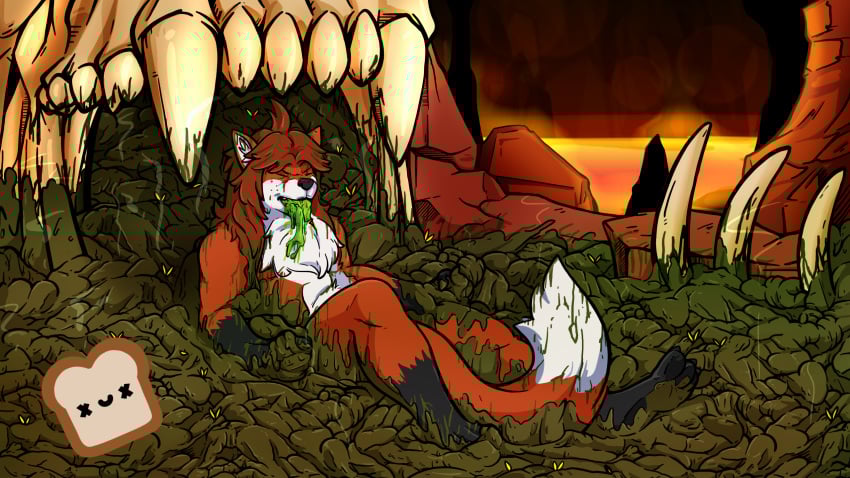ahoge anthro bodily_fluids bone bread canid canine chest_tuft closed_eyes d_kenmason death-toaster detailed_background dipstick_tail feces feces_everywhere feces_on_body feces_on_hand feces_on_leg feces_on_tail feet food fox hair hell hi_res lava long_hair male mammal markings nude red_fox skull solo stink_fumes stink_lines tail tail_markings true_fox tuft vomit vomiting