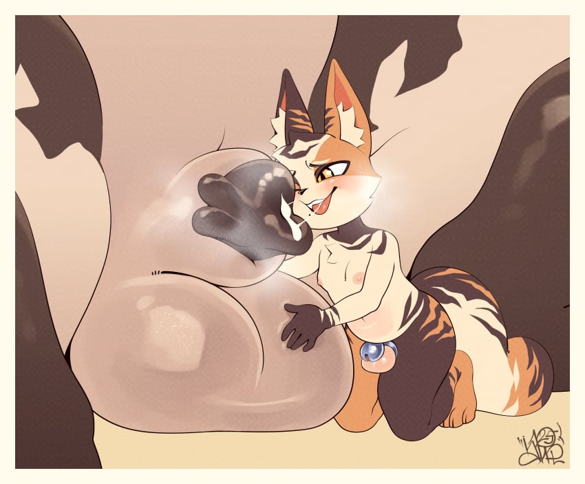 5_fingers absurd_res animal_genitalia anthro appl ball_size_difference balls biped border capcom chastity_cage chastity_device duo felid felyne fingers genitals hi_res inner_ear_fluff interspecies lynian male male/male mammal monster_hunter nox_(briggs) open_mouth open_smile palico sheath size_difference smile tail tuft white_border