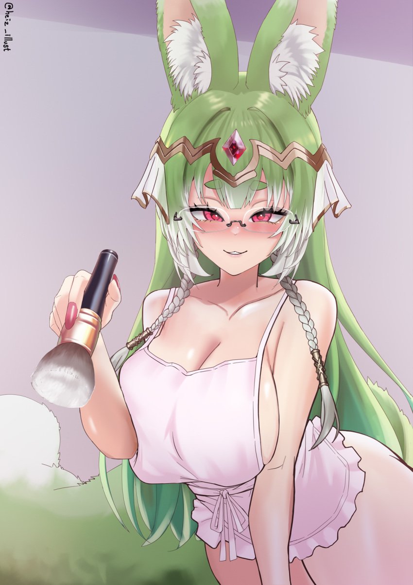 1girls animal_ears apron apron_only blush breasts brush carbuncle cera_luceria cleavage female female_only glasses globie green_hair heiz_illust hexokai huge_breasts light-skinned_female light_skin looking_at_viewer makeup_brush nose_blush pink_eyes pink_nails revision solo tail virtual_youtuber