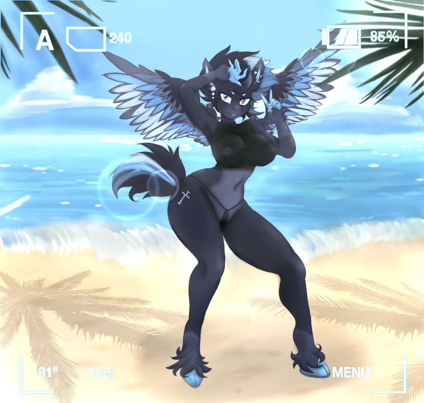 2015 anthro beach blue_eyes breasts cloud cutie_mark ear_piercing equine fan_character female fur furry hair hand_on_head horn horse lens_flare lips looking_at_viewer mammal mileeni my_little_pony navel nipple_piercing nipples outside photoshoot piercing pony pose pussy sand sea seaside see-through shirt solo stare translucent unicorn v veck water wet wings