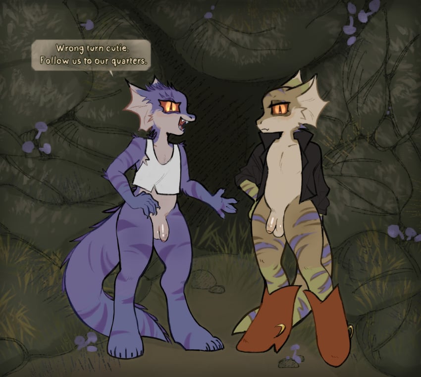 anthro anthrofied balls cave clothing cornymember detailed_background duo english_text fallout flaccid foreskin gecko_(fallout) genitals hi_res humanoid_genitalia inside looking_at_viewer male male/male microsoft penis plantigrade purple_body purple_scales scales text torn_clothing uncircumcised yellow_body yellow_scales