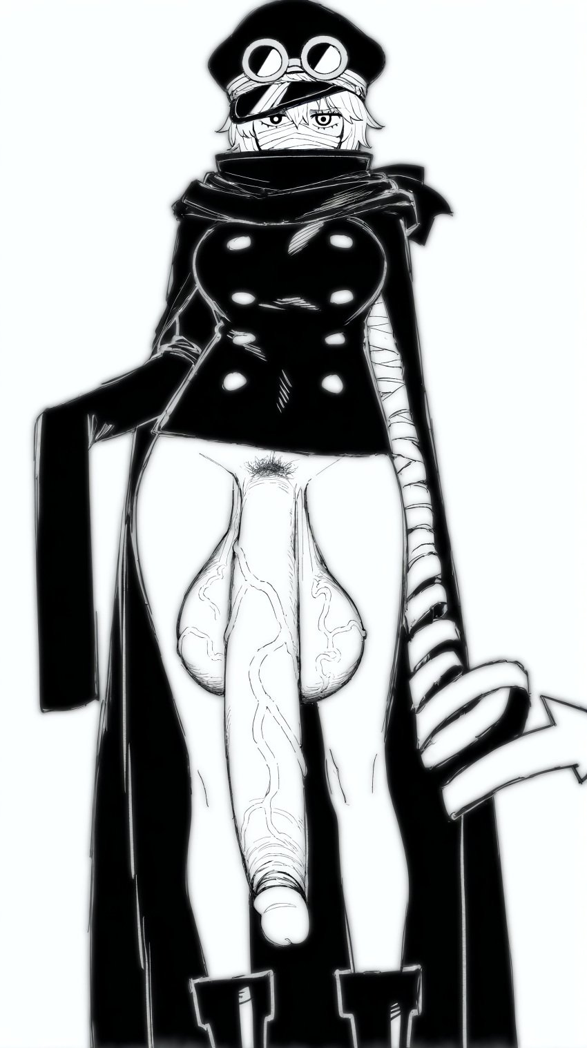 1futa 1girls ai_generated balls bandages black_jacket bottomless busty buttons cap cape clothing cock covered_mouth expressionless female flaccid_penis futa_only futaalover futanari gigantic_penis goggles goggles_on_hat greyscale gunko hair_between_eyes hat heterochromia huge_balls intersex large_balls large_breasts large_cock large_penis large_testicles long_sleeves monochrome one_piece penis pubic_hair scarf short_hair silver_hair solo wide_hips