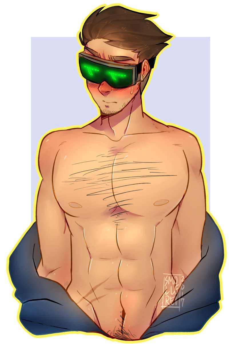 1boy abs blush eddsworld eddsworld_future exposed exposed_torso future_tom_(eddsworld) hairy_male looking_away male male_only pecs presenting smollerei_(artist) solo solo_focus spiky_hair tom_(eddsworld) visor