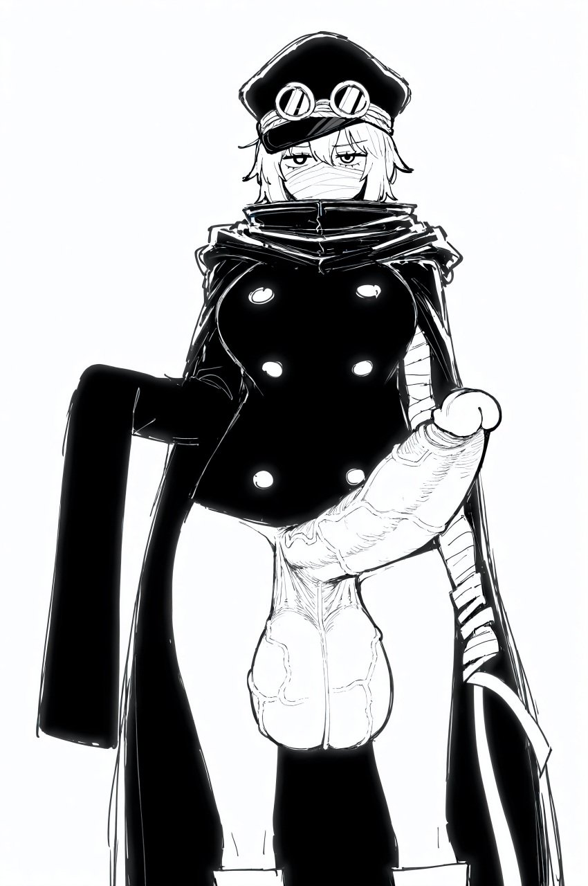1futa 1girls ai_generated bandages black_jacket bottomless busty buttons cap cape clothing cock covered_mouth erect_penis erection female futa_only futaalover futanari gigantic_penis goggles goggles_on_hat greyscale gunko hair_between_eyes hat heterochromia huge_balls intersex large_balls large_breasts large_cock large_penis large_testicles long_sleeves monochrome one_piece penis scarf short_hair silver_hair solo wide_hips