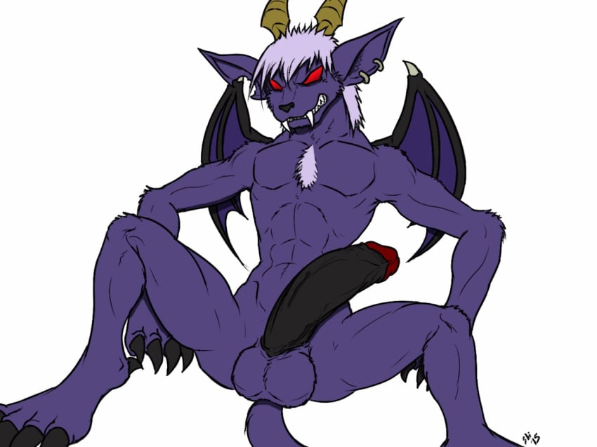 2015 abs angry balls big_penis black_penis buwaro_elexion chest_tuft claws clenched_teeth fur horn male male_only muscular necklace nude pendant penis piercing purple_fur red_eyes simple_background slightly_damned spread_legs spreading teeth tuft webcomic white_background wings yellowpower