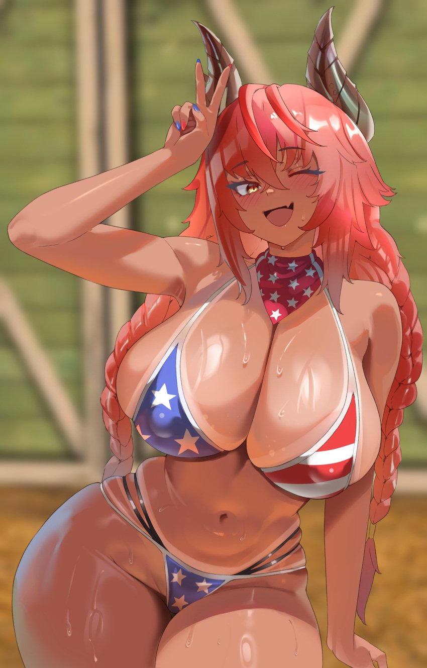 ;d absurdres american_flag american_flag_bikini american_flag_print bikini blue_nails blurry blurry_background blush braid breasts cleavage commentary contrapposto covered_nipples crossed_bangs dark-skinned_female dark_skin dragon_girl dragon_horns english_commentary female flag_print hair_between_eyes hand_up highres horns huge_breasts idolmia layered_bikini long_hair looking_at_viewer multicolored_bikini nail_polish navel oerba_yun_fang one_eye_closed open_mouth print_bikini print_scarf red_hair red_nails red_scarf scarf skin_fang skindentation smile solo star_(symbol) star_print stomach sweat swimsuit tan tanlines thick_thighs thighs twin_braids two-tone_bikini v very_long_hair virtual_youtuber vshojo yellow_eyes zentreya zentreya_(cowboy_bikini) zentreya_(dragon)