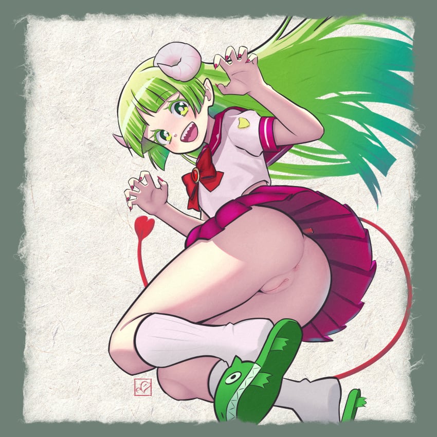 absurdres anus artist_logo ass blush demon_girl demon_horns demon_tail elementary_(lolipope) eyebrows_hidden_by_hair female fingernails flat_chest full_body green_eyes green_hair green_slippers heart heart_tail highres horns jumping logo long_hair looking_at_viewer mairimashita!_iruma-kun nail_polish no_panties open_mouth pussy red_skirt school_uniform sharp_fingernails sharp_teeth shirt simple_background skirt slippers smile socks solo tail teeth thick_eyelashes upper_teeth_only valac_clara white_background white_shirt white_socks
