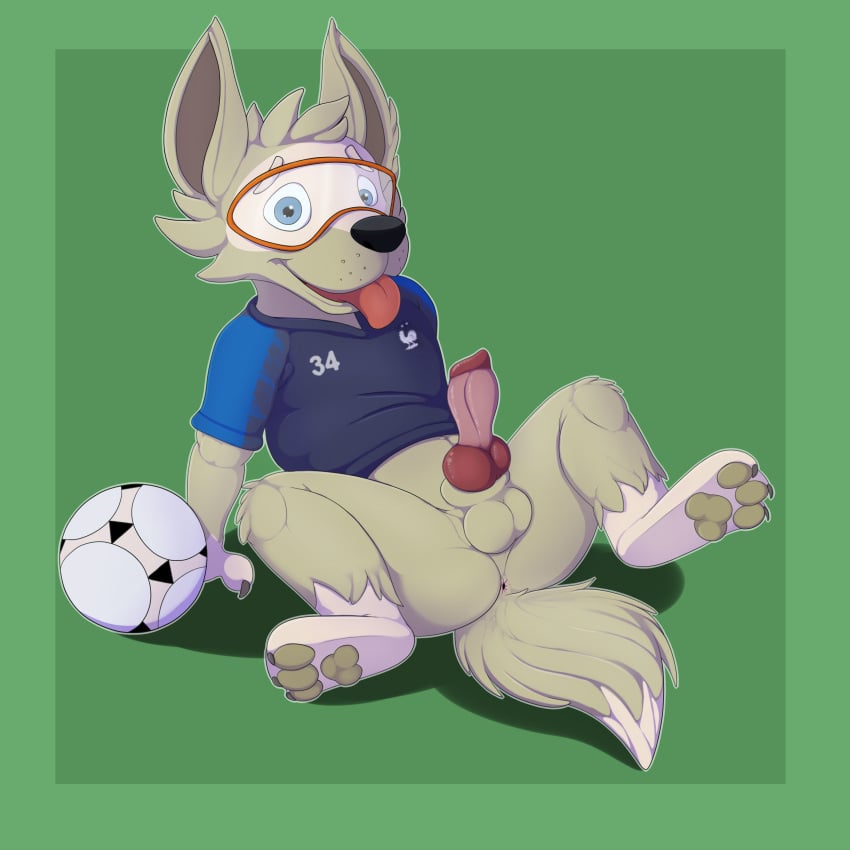 animal_genitalia animal_penis anus ball balls black_nose blue_eyes bottomless canine canine_penis clothed clothing erection eyewear fifa goggles green_background looking_at_viewer male male_only mammal mascot mcfan penis simple_background soccer_ball solo tongue tongue_out wolf zabivaka