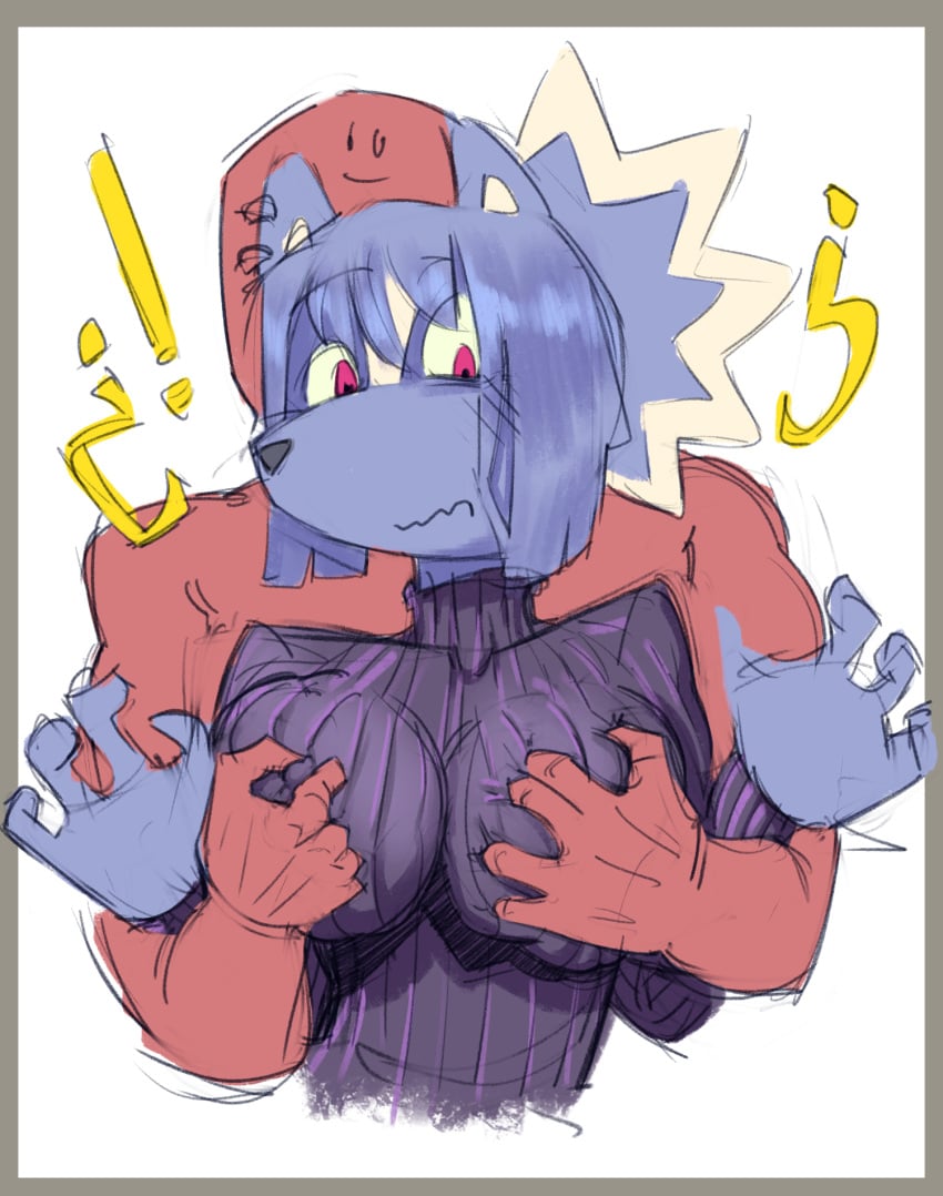 anthro blue_fur blue_hair breasts female female_focus furry furry_female inminent_sex pink_eyes purple_clothing purple_sweater skunk skunk_girl skuunk02 surprised surprised_expression sweater