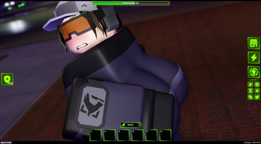1girls 2025 3d ass ass_focus baseball_cap big_ass black_gloves blue_clothing blue_jumpsuit blue_sleeves blush brown_hair cap clothed clothed_female clothing dated discord_tag english_text female female_only fully_clothed fully_clothed_female game_ui gloves goggles hand_on_ass hand_on_own_ass hat jumpsuit letterbox letterboxed light_blush long_hair long_sleeves looking_at_viewer moosty orange-tinted_eyewear pale-skinned_female pale_skin ponytail roblox roblox_game robloxian sleeves solo standing text thick_thighs thighs tower_defense_x white_cap white_hat xwm_turret_pilot