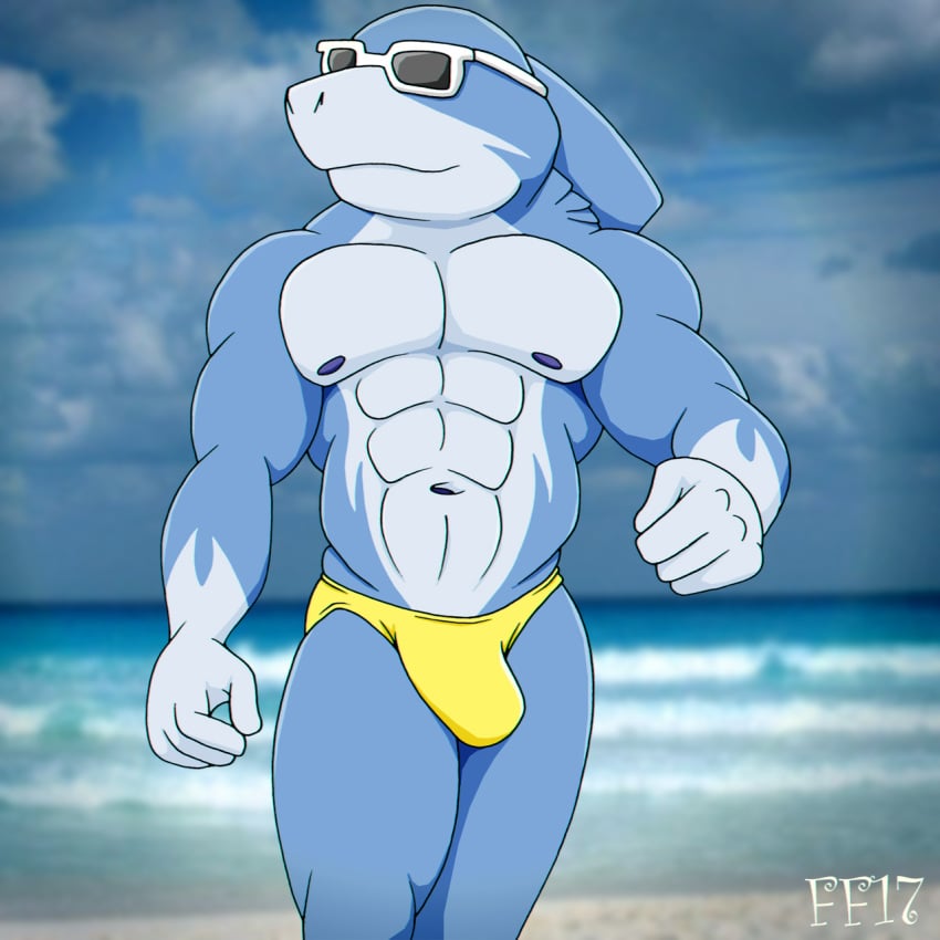 1:1 2017 4_fingers abs anthro beach biped blue_body blue_scales bulge clothing cloud day digital_media_(artwork) dorsal_fin fabfelipe fin fingers fish gills gloves_(marking) hi_res male marine markings mouth_closed multicolored_body multicolored_scales muscular muscular_anthro muscular_male navel nipples outside portrait scale_markings scales sea shark sky solo speedo standing swimwear three-quarter_portrait two_tone_body two_tone_scales water wearing_sunglasses white_body white_scales yellow_clothing yellow_speedo yellow_swimwear