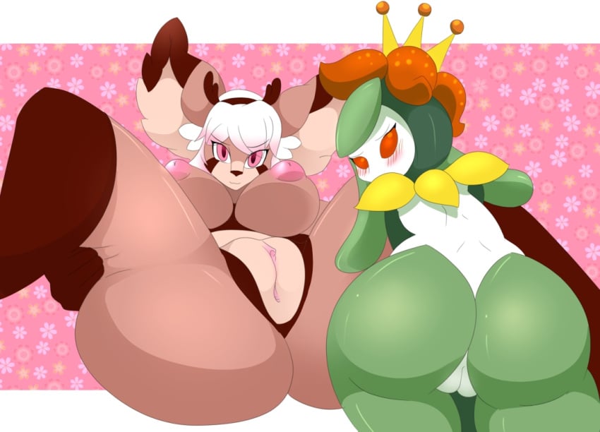 anthro ass big_breasts blush breasts cervine deer duo female flora_fauna flower iabelle lilligant looking_at_viewer looking_back mammal nintendo nipples no_mouth nude pink_eyes plant pokemon presenting presenting_hindquarters pussy red_eyes smile