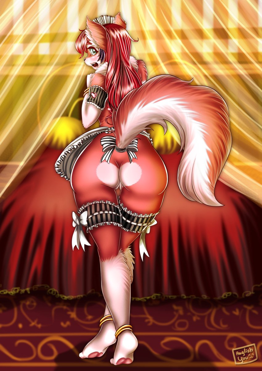 2015 anglish anklet anthro ass awkward barefoot bed bedroom blush bottomless bow_tie canine clothed clothing dysnomia fur furry furry_only garter girly hair half-dressed jewelry long_hair looking_at_viewer looking_back low-angle_shot maid maid_uniform mammal multicolored_fur open_mouth plantigrade rear_view red_fur red_hair ribbons skirt solo surprised two_tone_fur upskirt white_fur wide_hips wolf